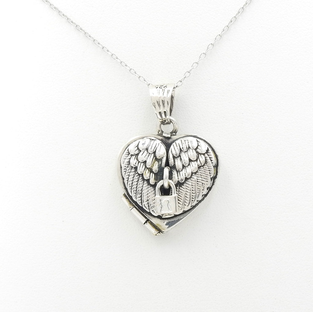 Sterling Silver Heart Locket w/ Wings & Lock Pendant