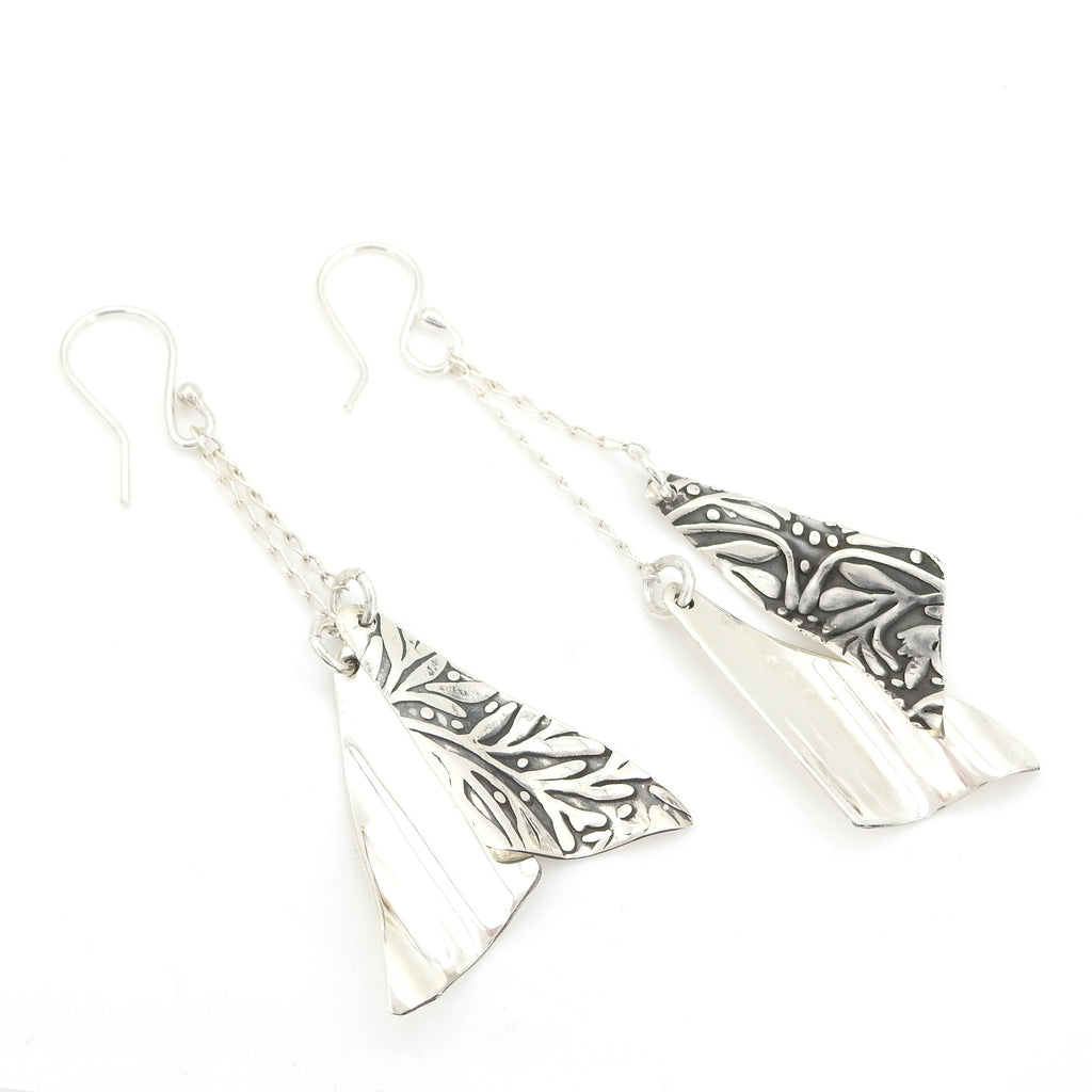 Sterling Silver Chain Earrings w/ Floral Print