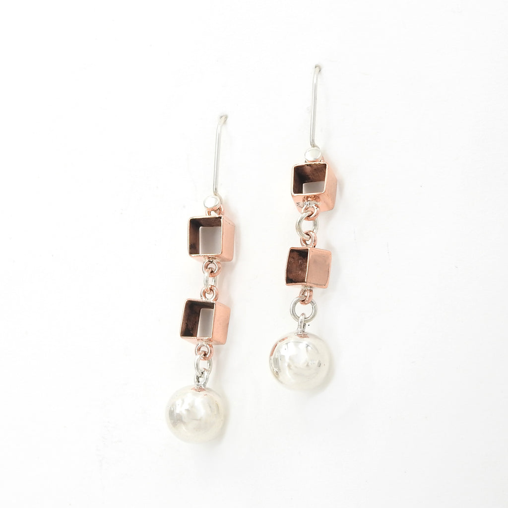 Sterling Silver Sphere & Copper Square Earrings