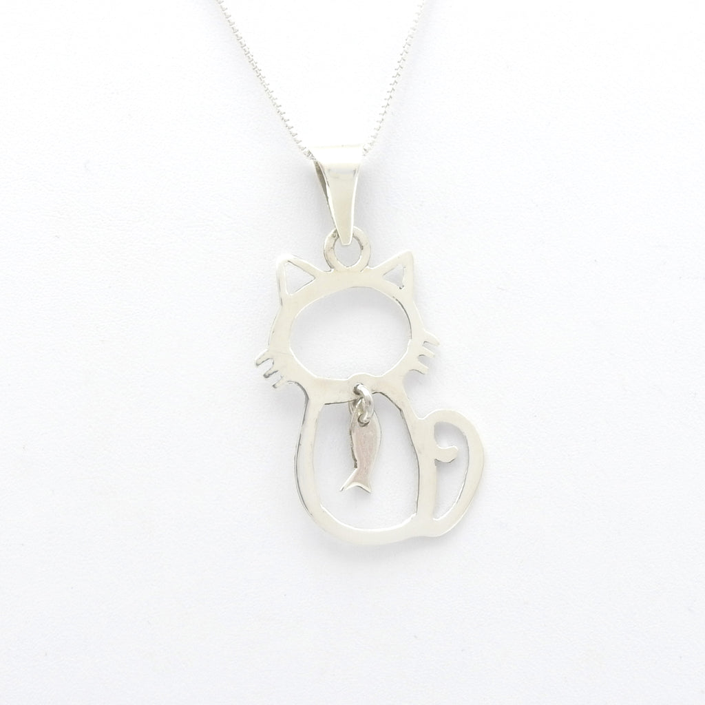 Sterling Silver Cat w/ Fish Pendant