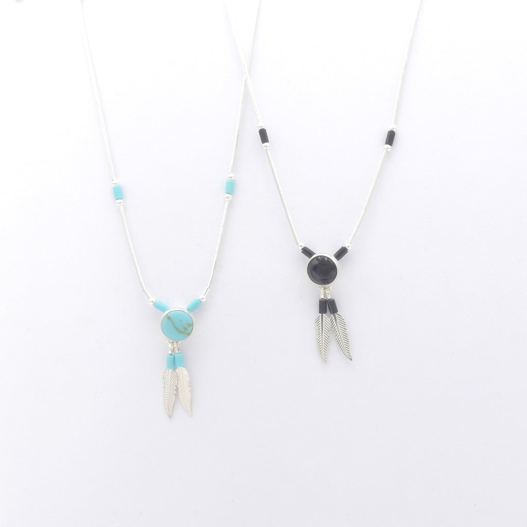 Sterling Silver Turquoise or Onyx Necklace w/ Feather
