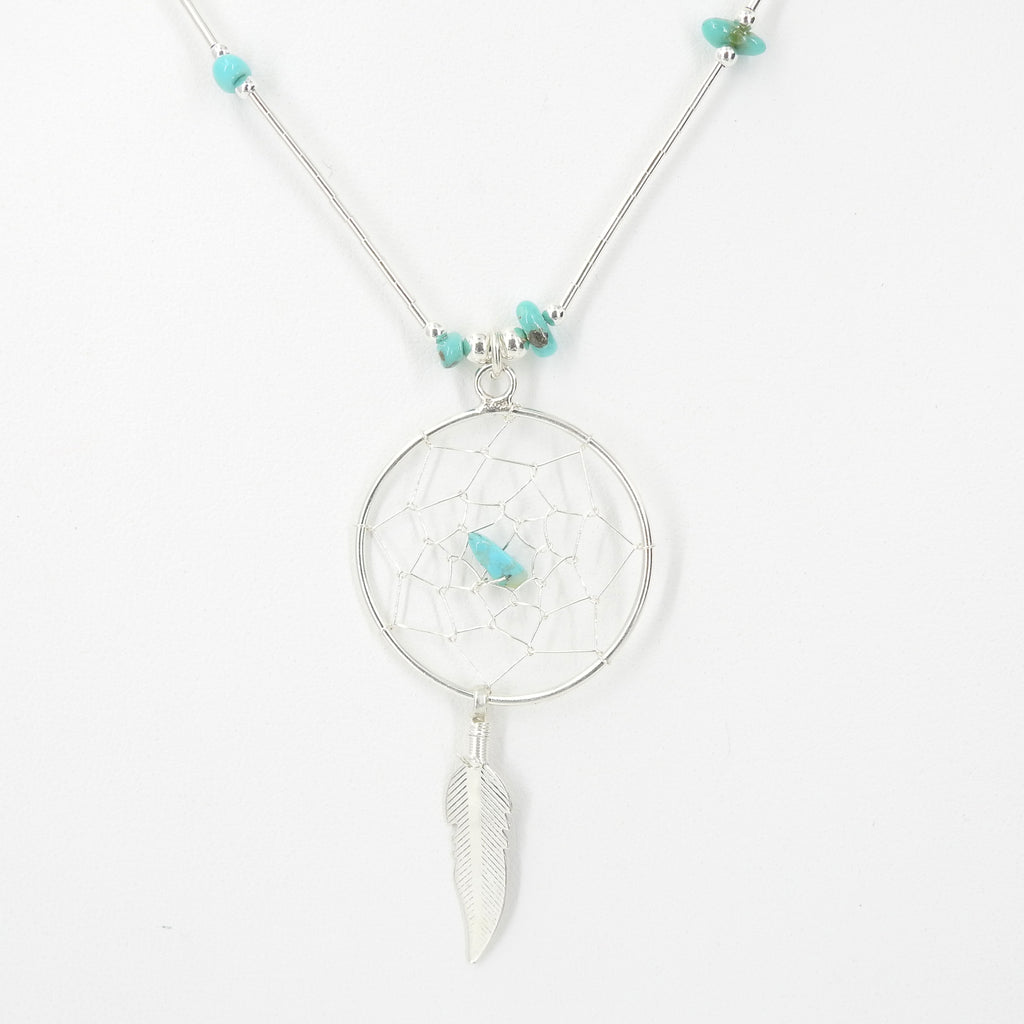 Sterling Silver Turquoise Dreamcatcher W Feather Necklace