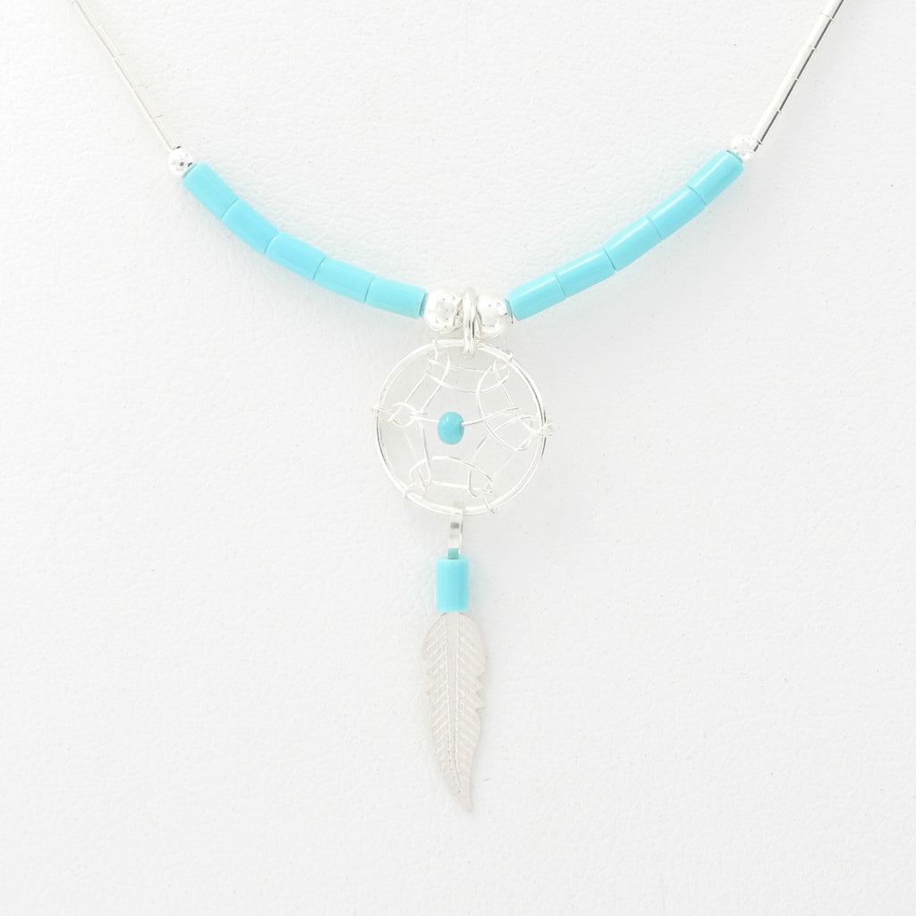 Sterling Silver Dreamcatcher W Turquoise & Feather Necklace
