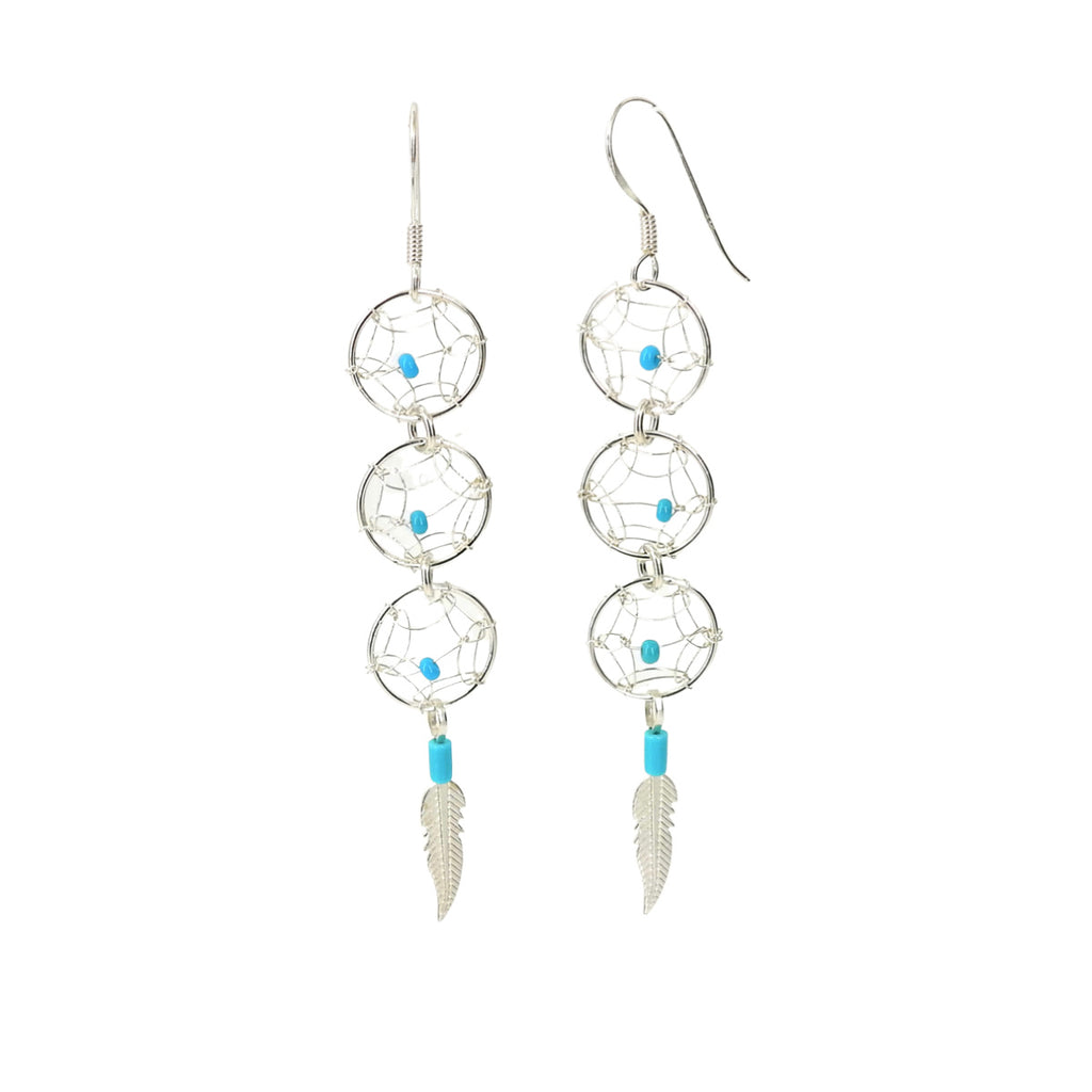 Sterling Silver Dreamcatcher Earrings w/ Turquoise and Feather Detail
