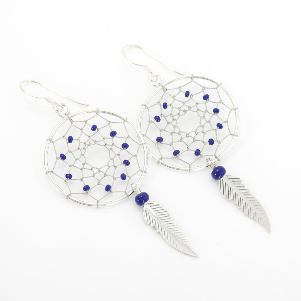 Sterling Silver Lapis & Feather Dreamcatcher Earrings