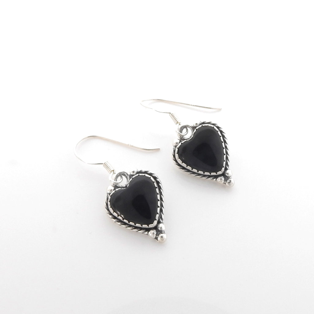 Sterling Silver Onyx Heart Earrings
