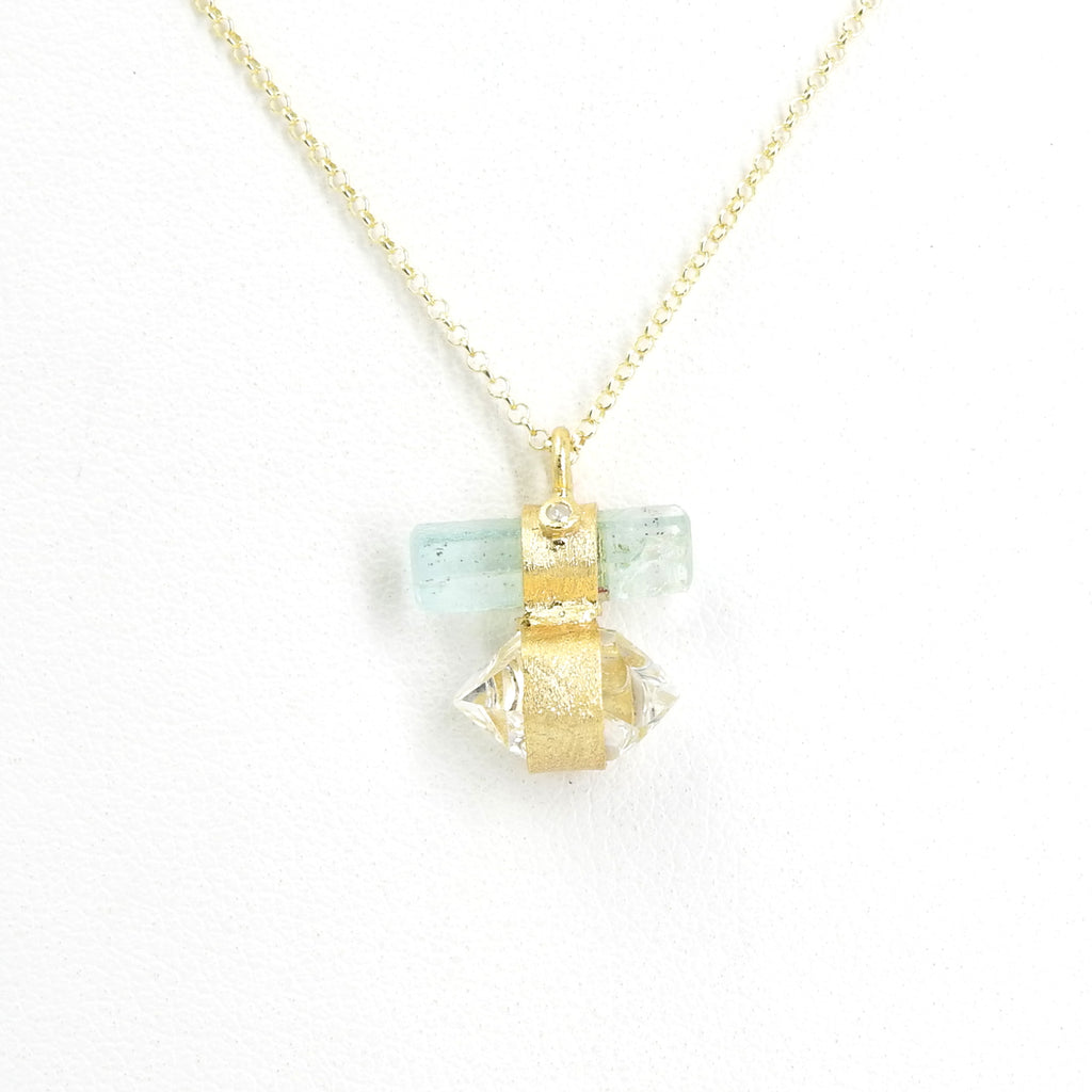Sterling Silver Gold Vermeil Green Tourmaline, Herkimer w/ Diamond Necklace