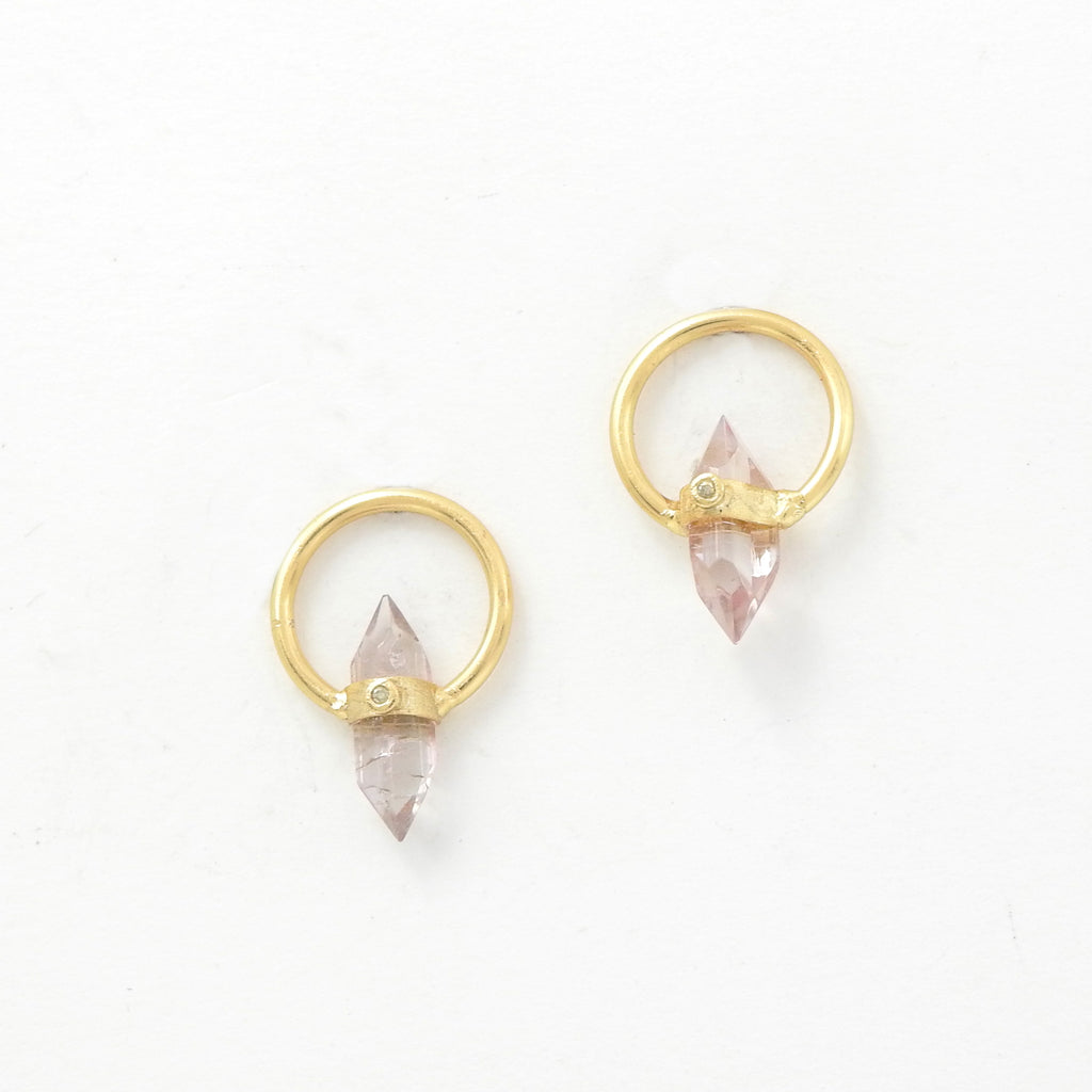 Sterling Silver Gold Vermeil Pink Tourmaline w/ Diamond Earrings