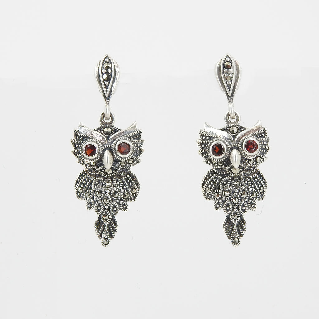 Sterling Silver Marcasite & Garnet Owl Earrings
