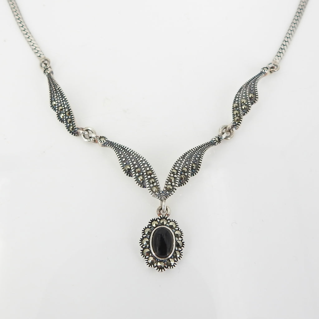 Sterling Silver Antique Inspired Marcasite & Onyx Necklace
