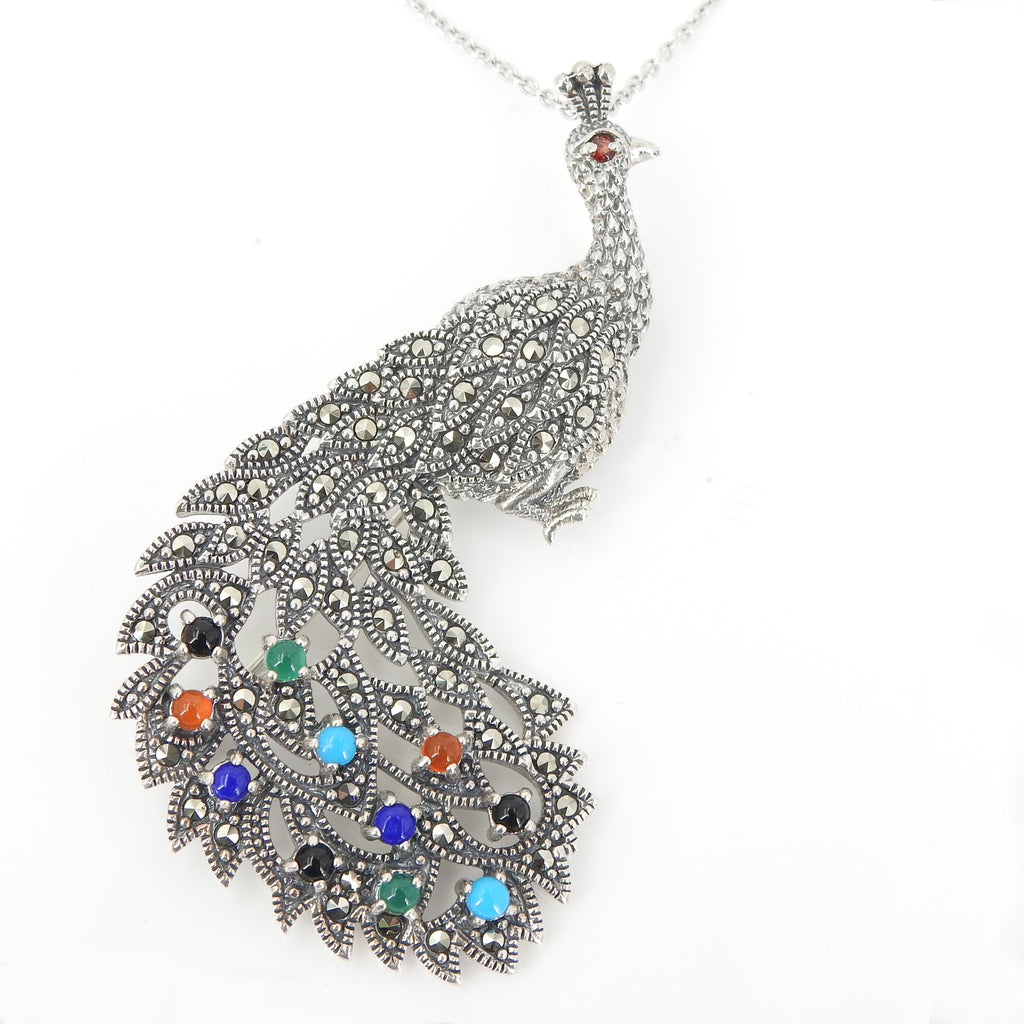 Sterling Silver Peacock Marcasite and Gemstone Pin / Pendant