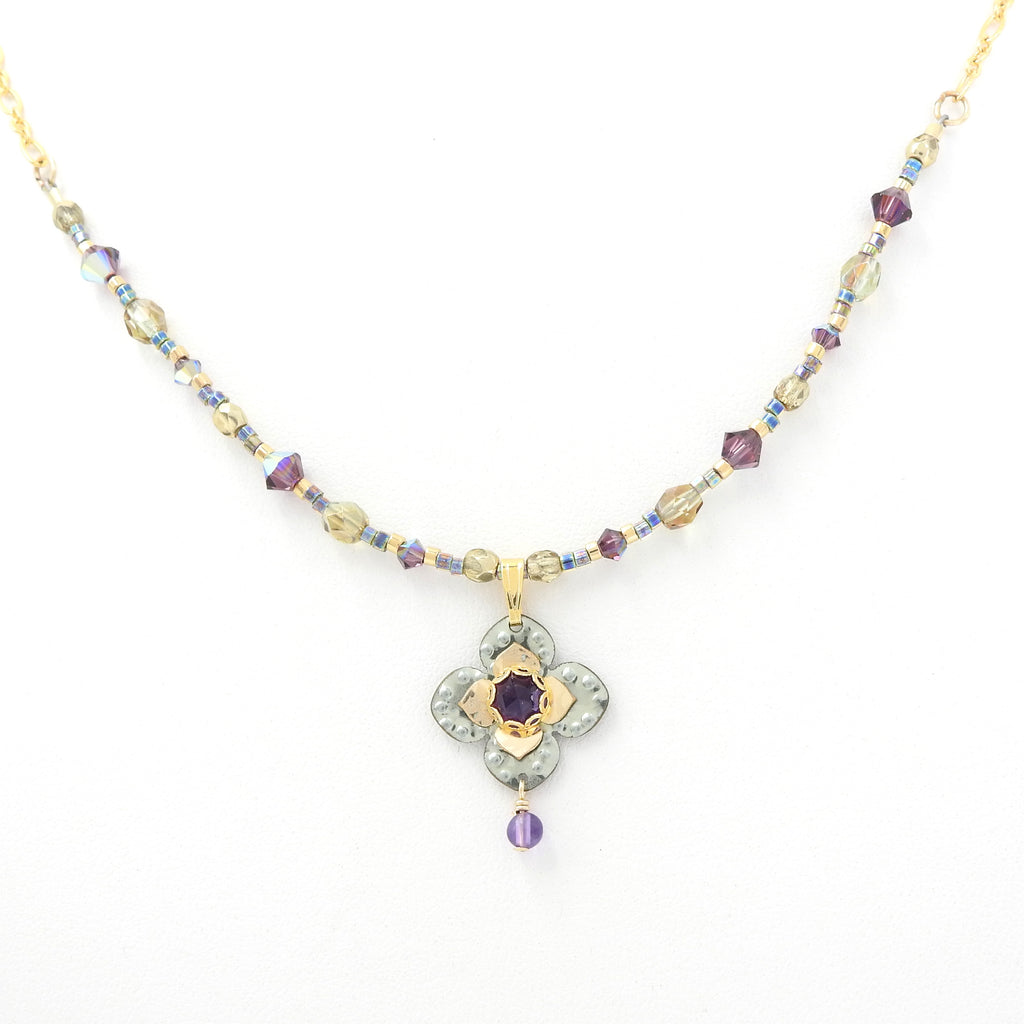Metal Flower Necklace w/ Amethyst & Crystal Beads
