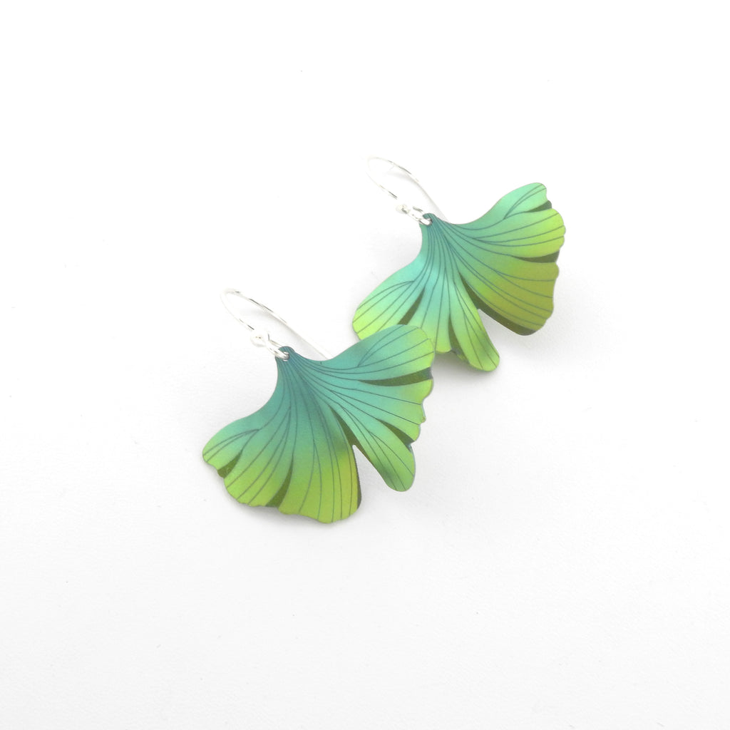 Green Ginko Leaf Niobium Metal Earrings