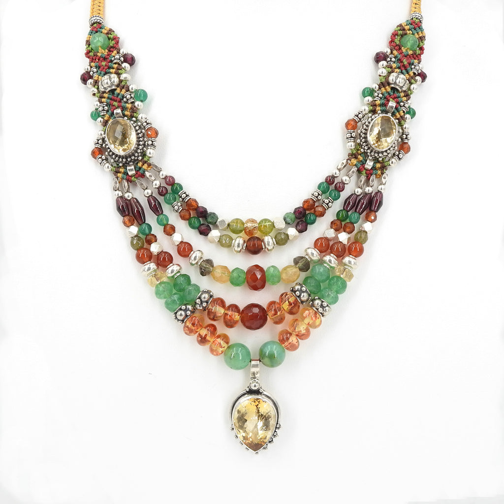 Isha Elafi Multi Strand Citrine Emerald & Mixed Stone Nomadic Knotwork Necklace