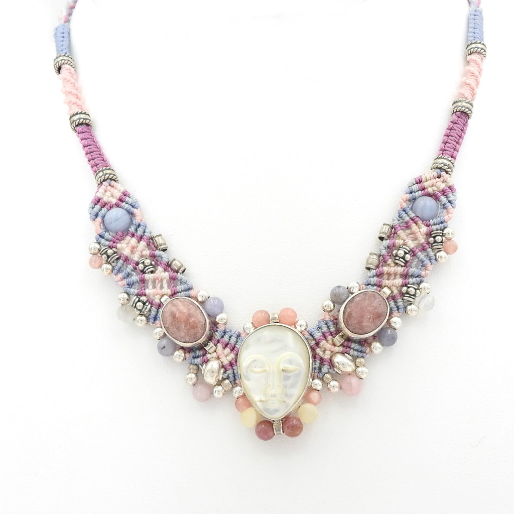 Sterling Silver Isha Elafi Mother of Pearl Face & Rhodochrosite Nomadic Knotwork Necklace