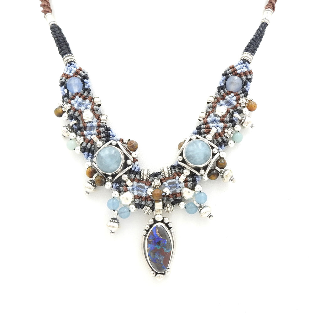 Sterling Silver Isha Elafi Boulder Opal & Aquamarine Nomadic Knotwork Necklace