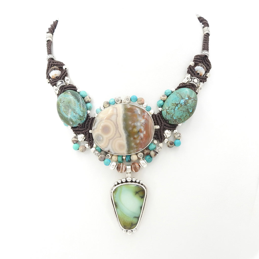 Sterling Silver Isha Elafi Ocean Jasper, Turquoise, & Peruian Opal Nomadic Knotwork Necklace