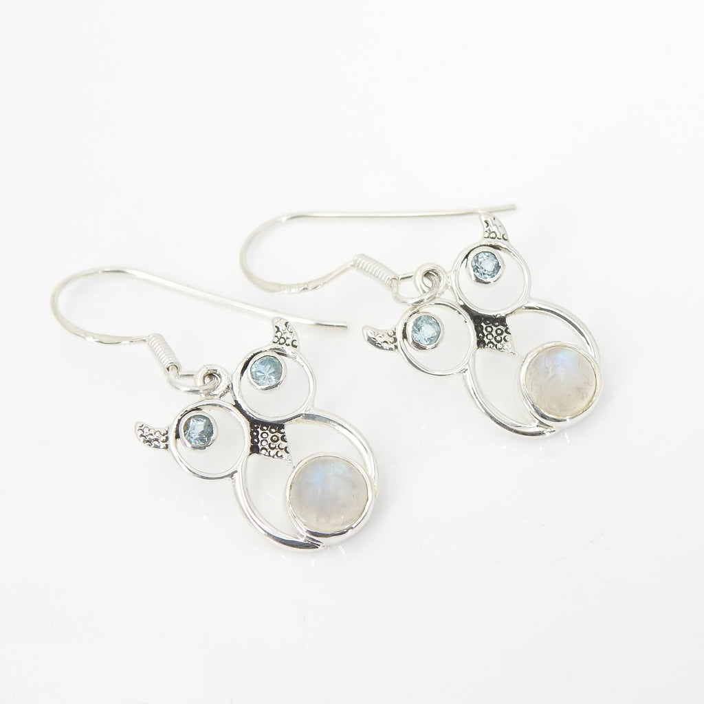 Sterling Silver Rainbow Moonstone Blue Topaz Owl Earrings