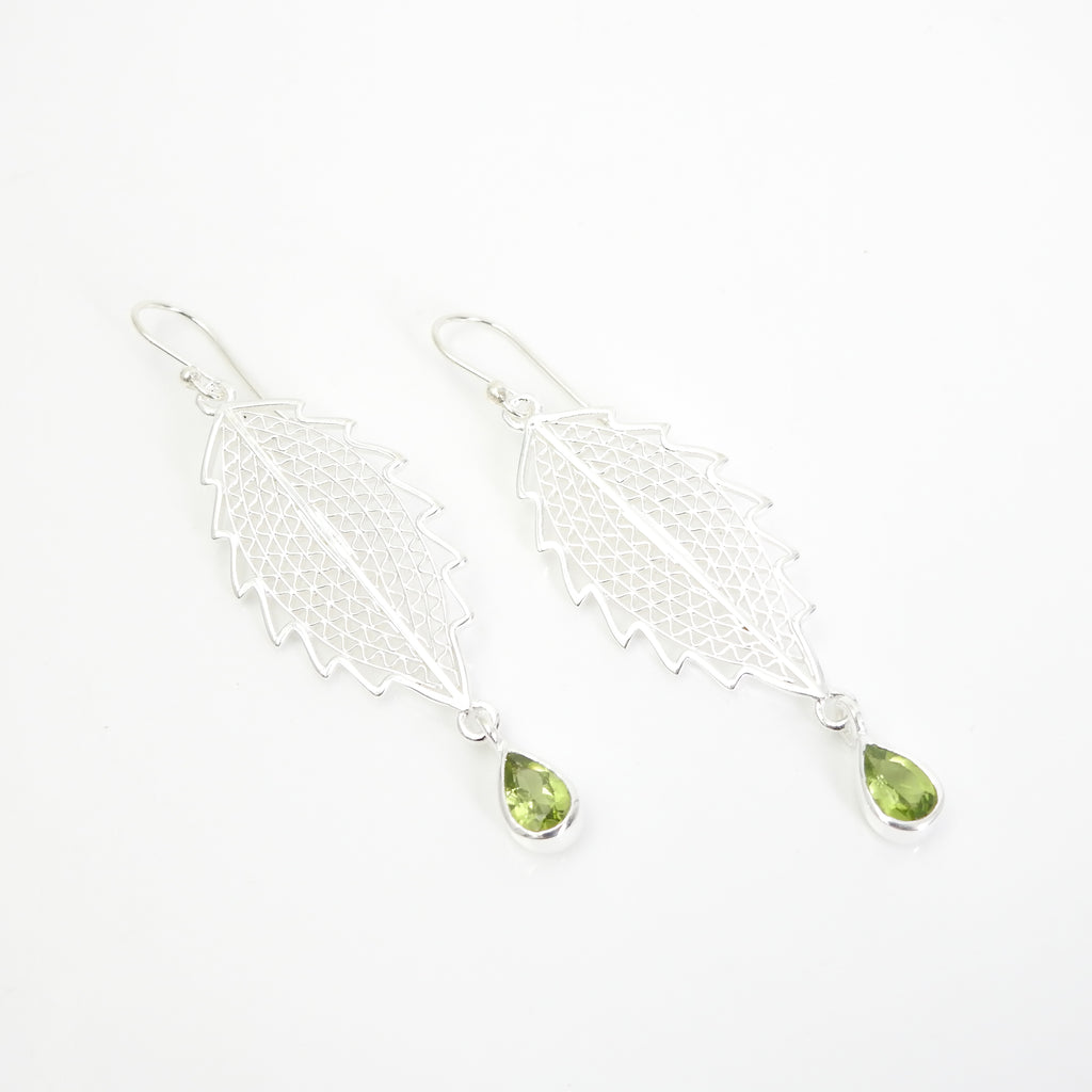 Sterling Silver leaf Earrings w/ Peridot