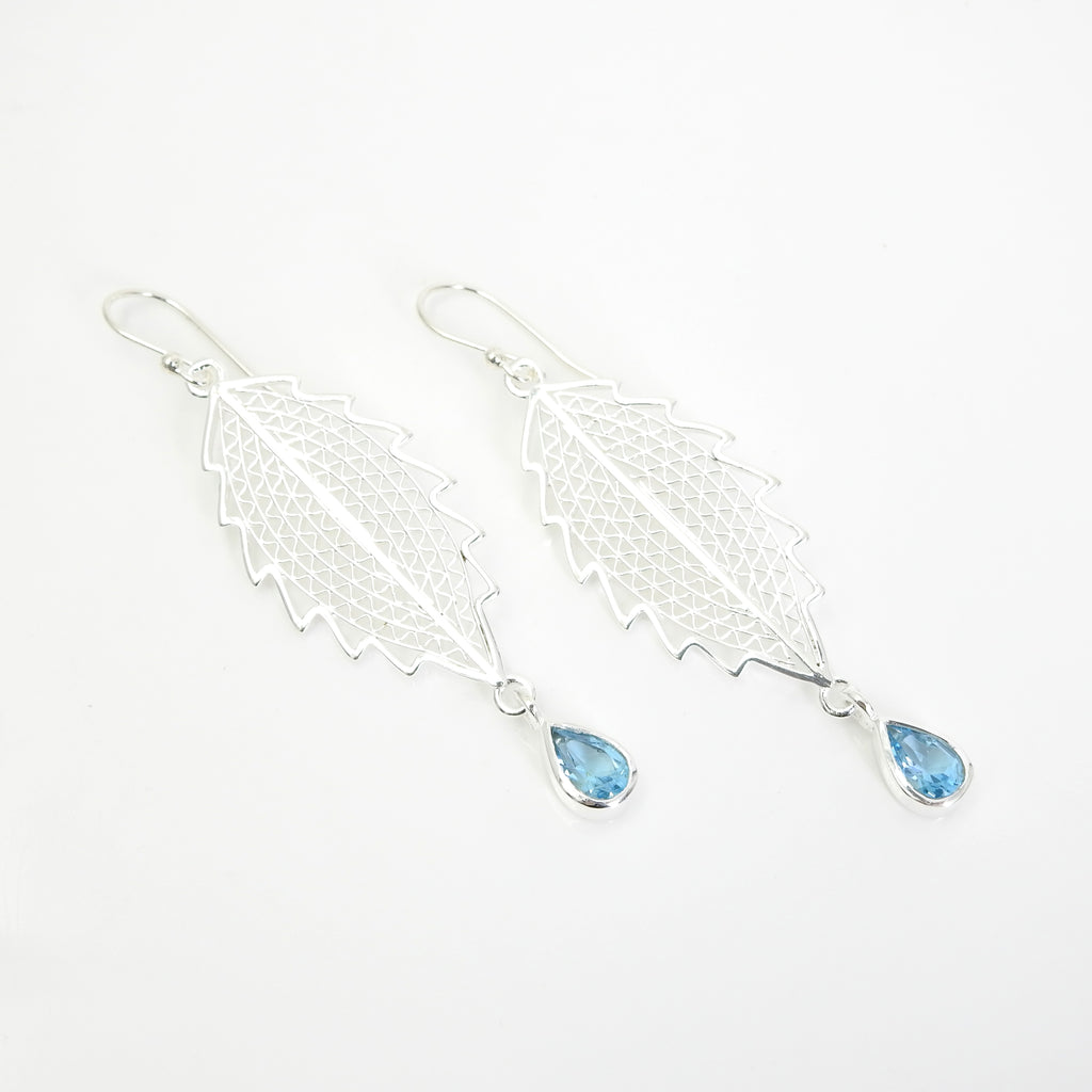 Sterling Silver Blue Topaz Leaf Earrings