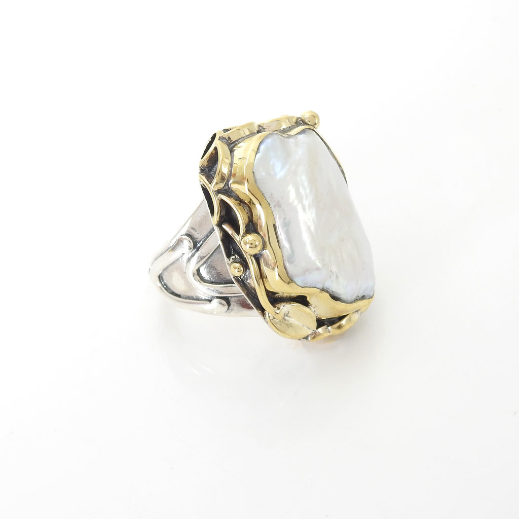 Sterling Silver MabÃ© Pearl w/ 24KT Gold Leaf Ring SZ 8