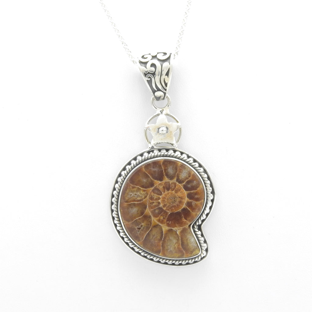Sterling Silver Ammonite Fossil Pendant With Star