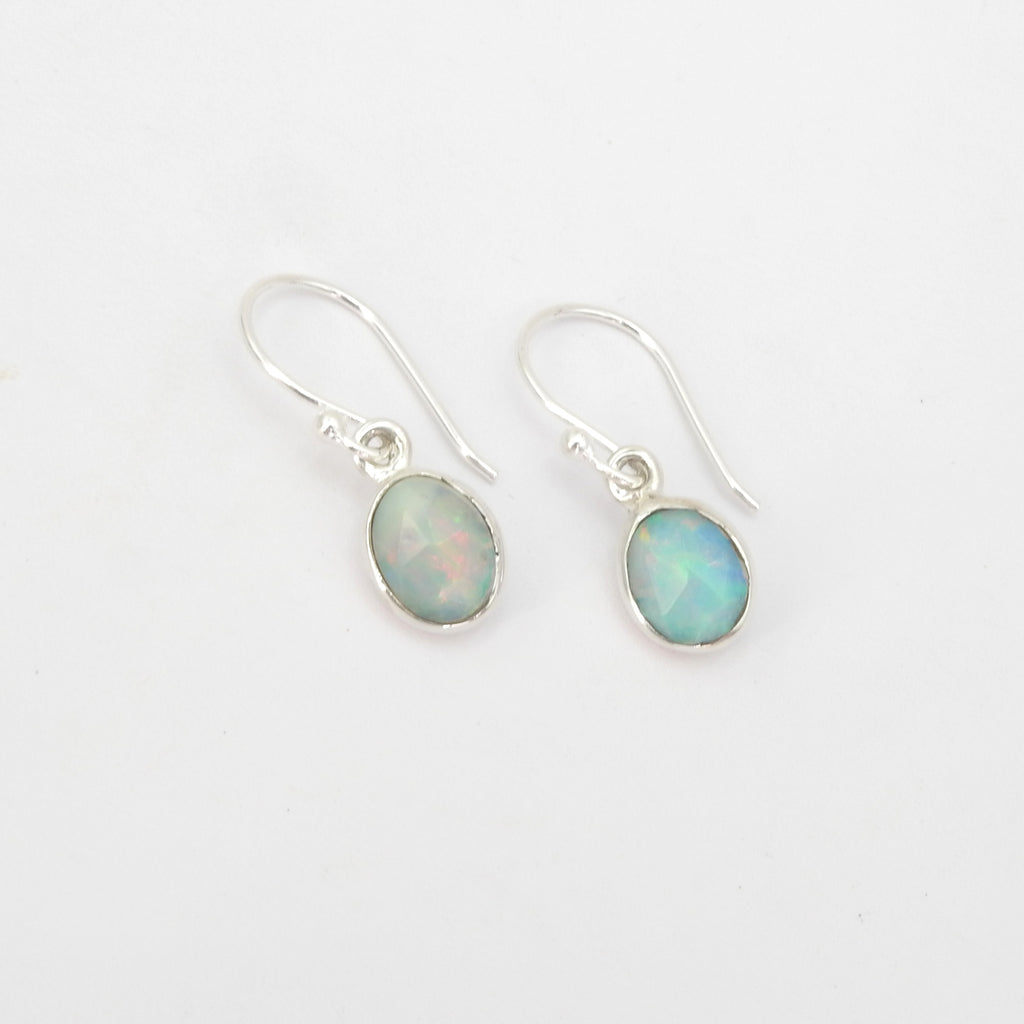 Sterling Silver Small Oval Faceted Created Opal Earrings