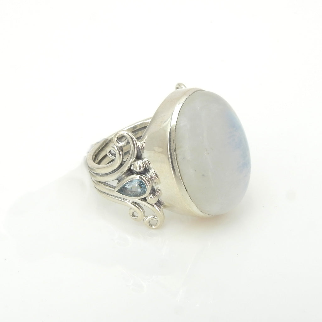 Sterling Silver Rainbow Moonstone & Blue Topaz Ring