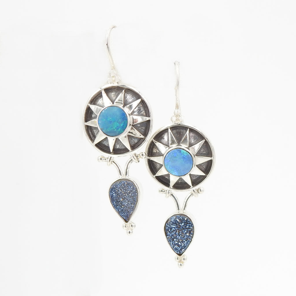Sterling Silver Opal & Druzy Sun Earrings