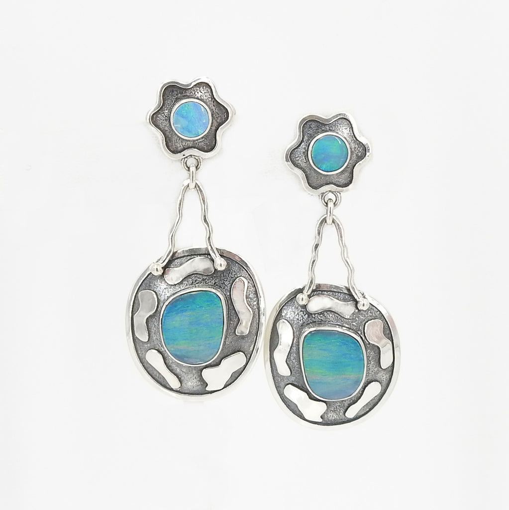 Sterling Silver Flower W Opal Earrings