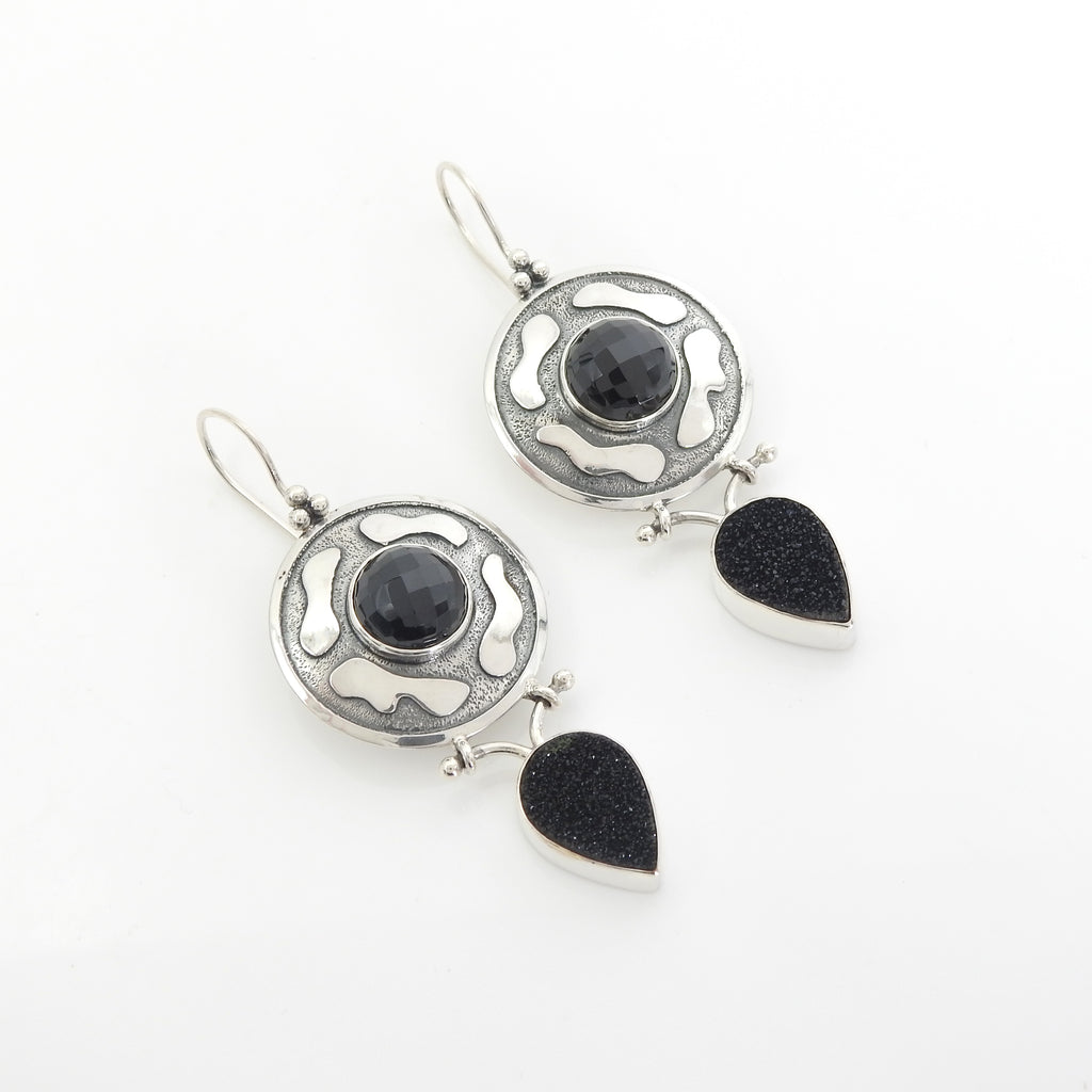 Sterling Silver Black Onyx & Black Druzy Earrings