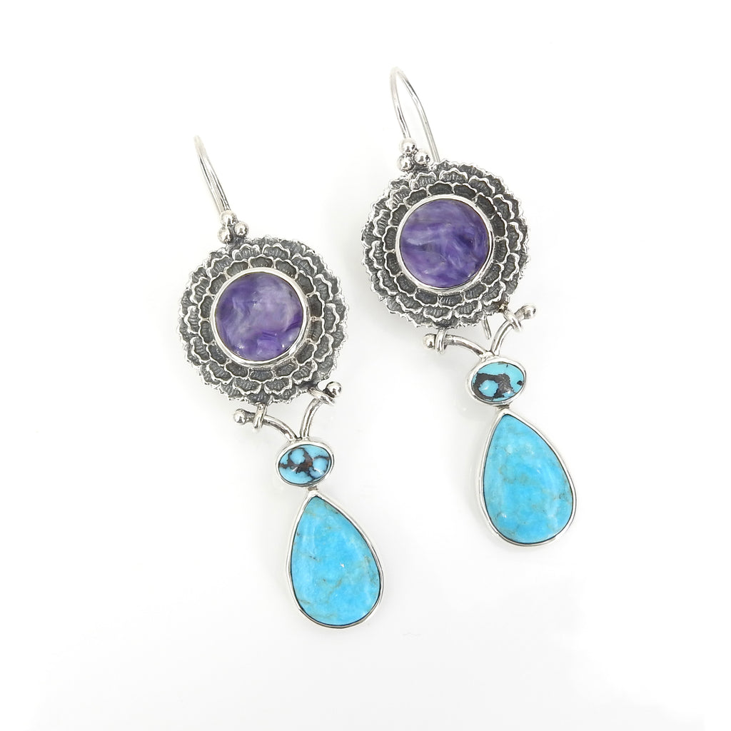 Sterling Silver Charoite & Turquoise Earrings