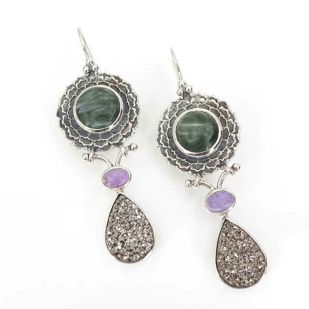 Sterling Silver Serpentine Amethyst & Druzy Earrings
