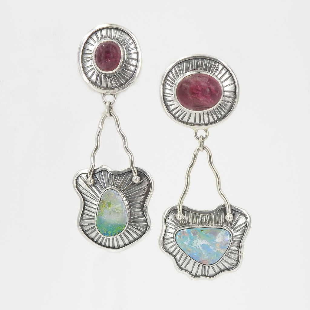 Sterling Silver Pink Tourmaline & Opal Asymmetrical Earrings