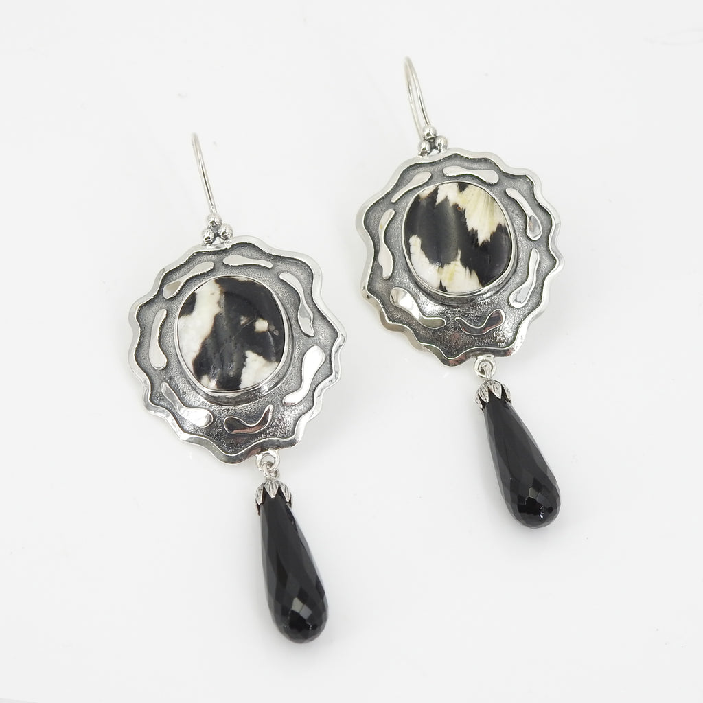 Sterling Silver Petrified Wood & Onyx Earrings