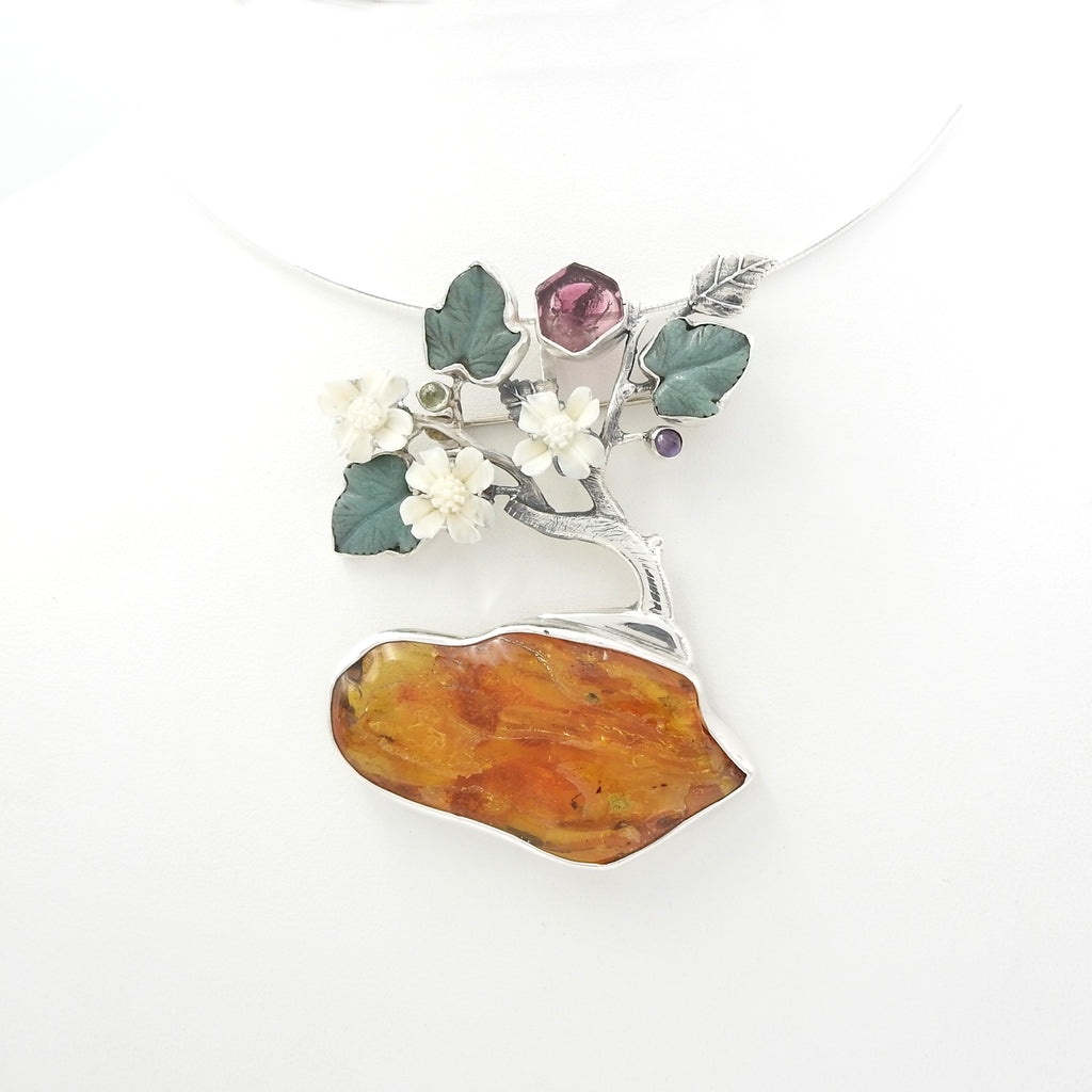 Sterling Silver Iriniri Originals Tree of Gems On Amber Pendant / Pin
