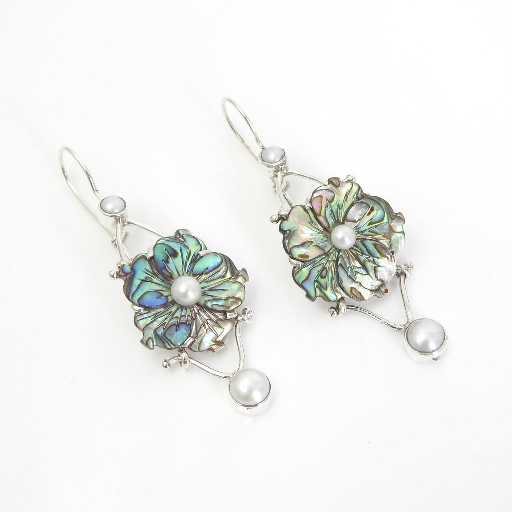 Sterling Silver Iriniri Originals Carved Abalone & Pearl Flower Earrings