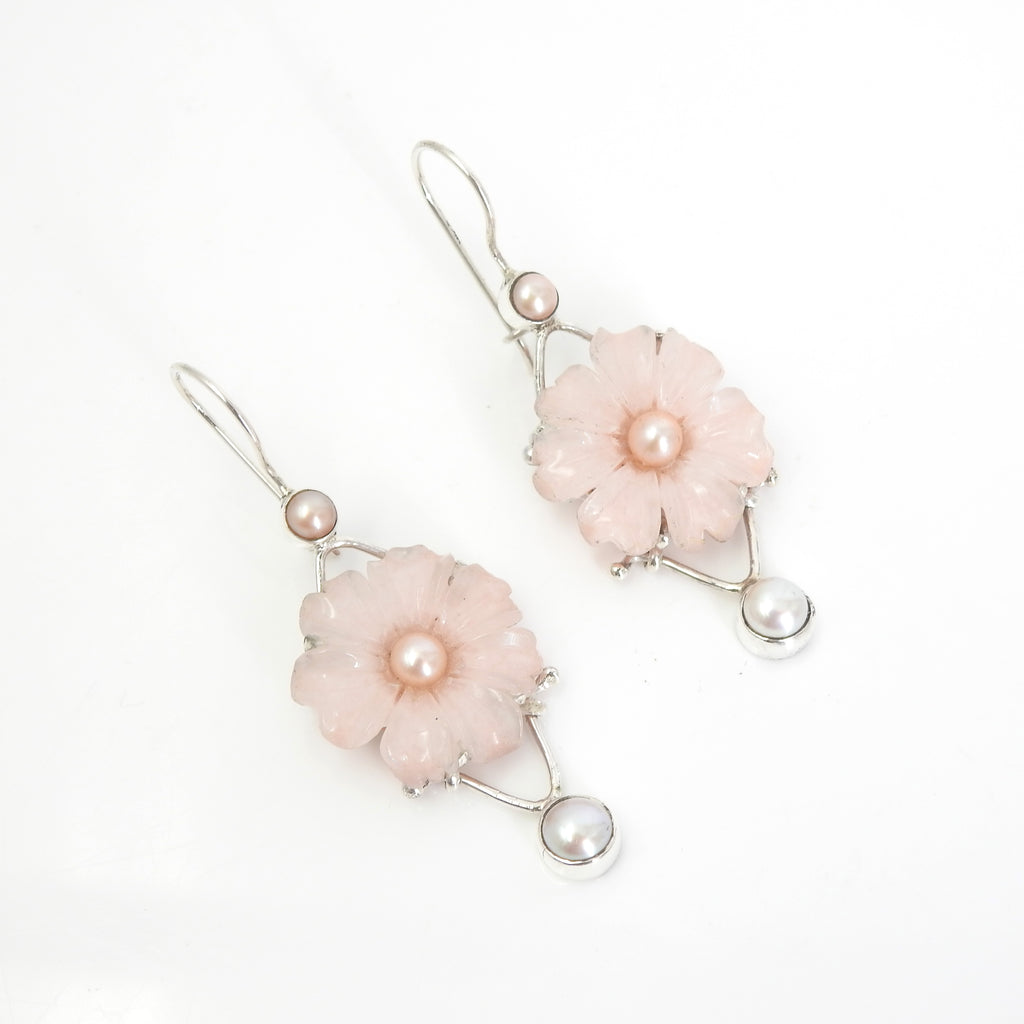 Sterling Silver Iriniri Originals Pink Agate Carved Flower Earrings