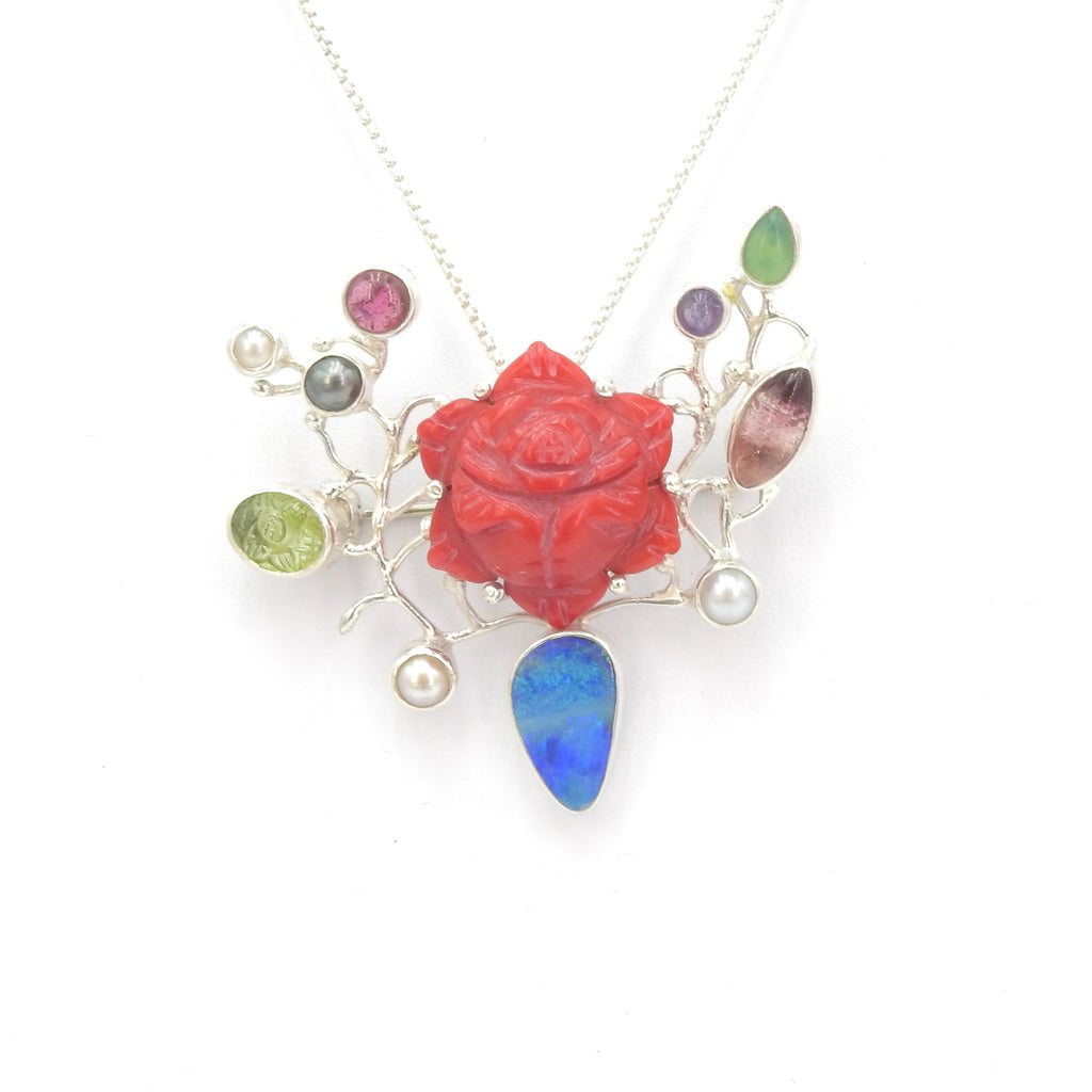 Sterling Silver Iriniri Originals Coral Rose, Opal, & Gemstone Pendant / Pin