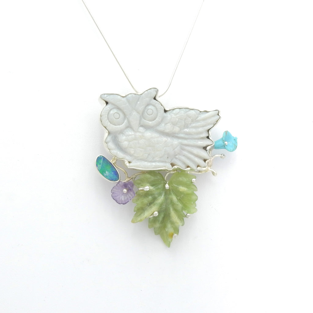 Sterling Silver Iriniri Orginals Carved Opal Owl & Jade Pendant / Pin
