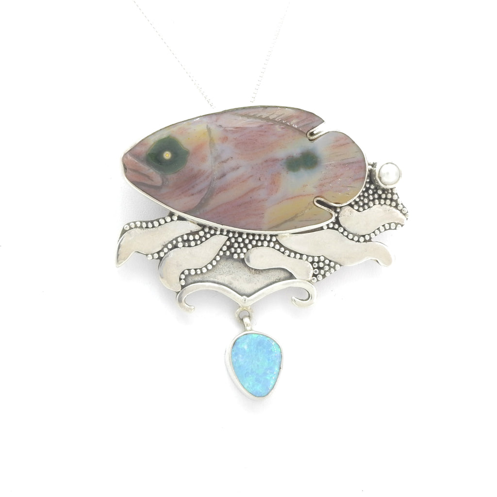Sterling Silver Carved Jasper Fish & Opal Pendant / Pin