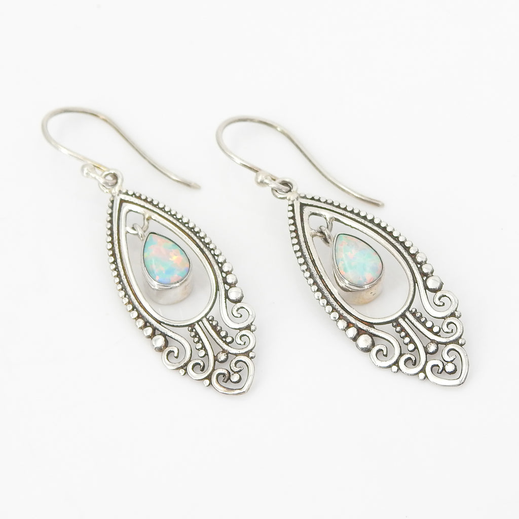 Sterling Silver Created Opal Dangle Earrings