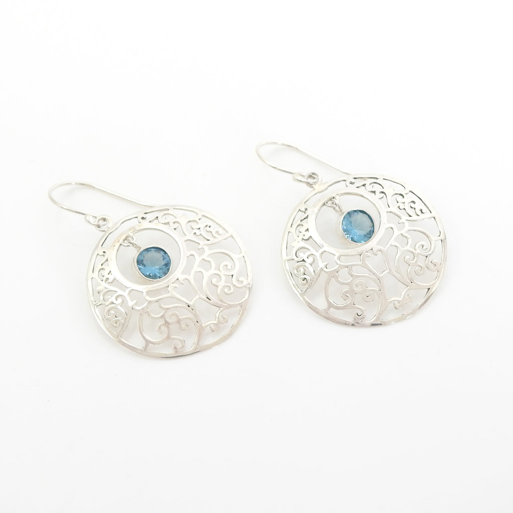 Sterling Silver Filigree Hoop w/ Blue Topaz Earrings