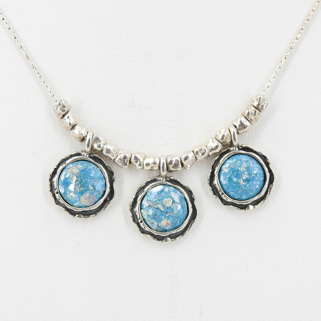 Sterling Silver Roman Glass Triplet Necklace