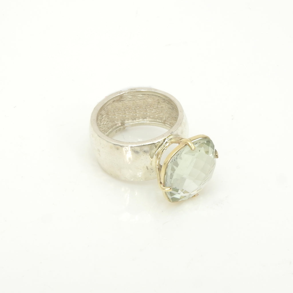 Sterling Silver & 9KT Gold Faceted Green Amethyst Ring Size 7 1/2