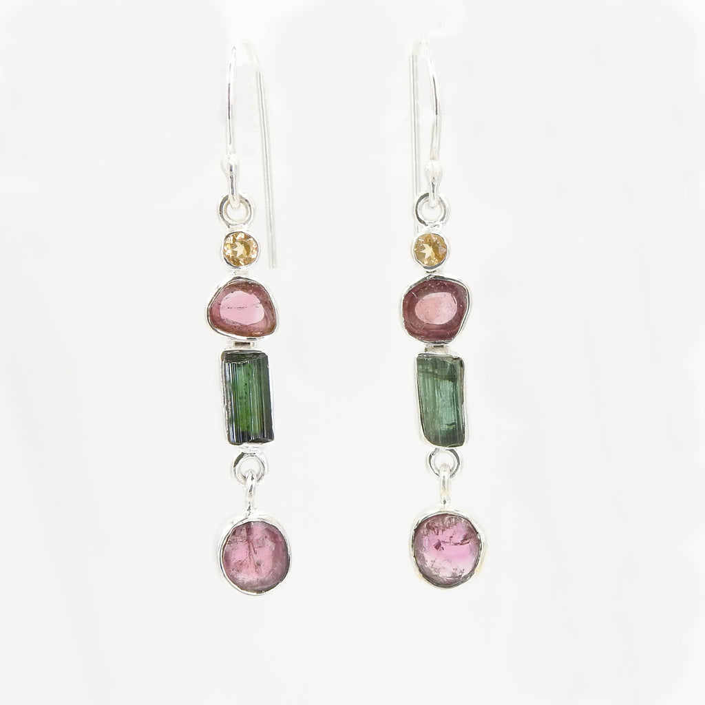 Sterling Silver With Pink Green and Watermelon Tourmaline Dangle Earrings