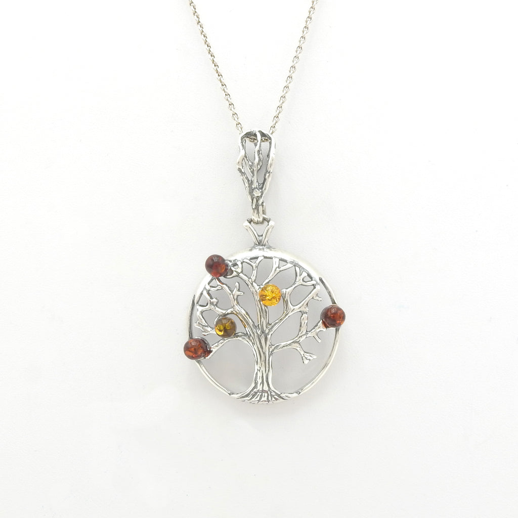 Sterling Silver Round Tree of Life Amber Pendant