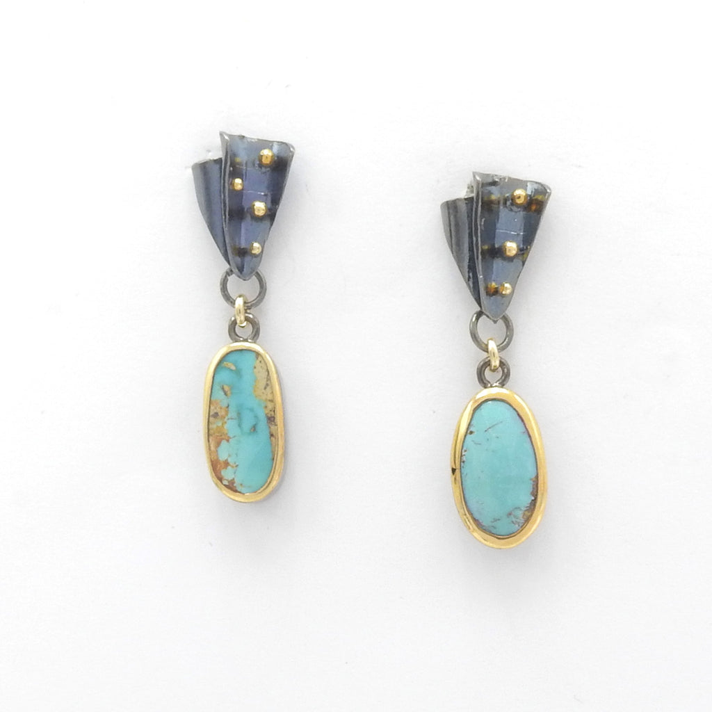 Sterling Oxidized Silver Gold & Turquoise Earrings