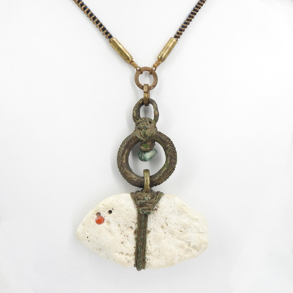 Lou Zeldis Brass and River Rock Necklace w/ Emerald