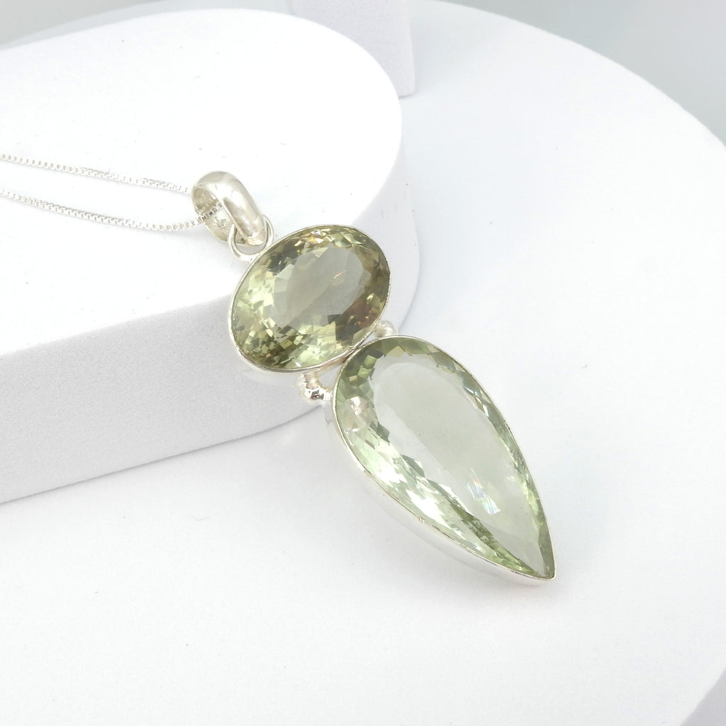 Sterling Silver Large Faceted Green Amethyst Pendant